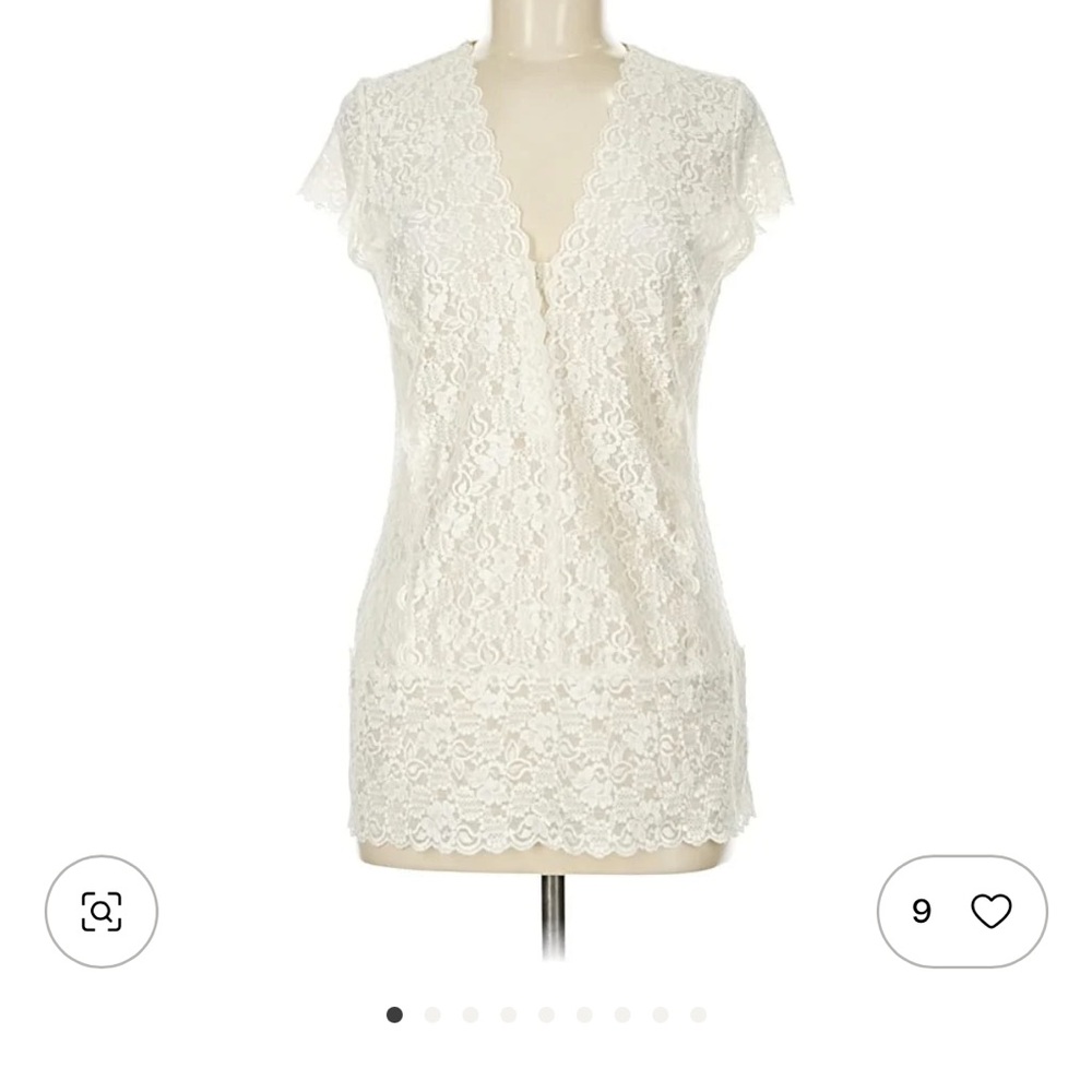 Cabi Elegant Lace Sheer‎ V-Neck Shell Layer, Snap Front